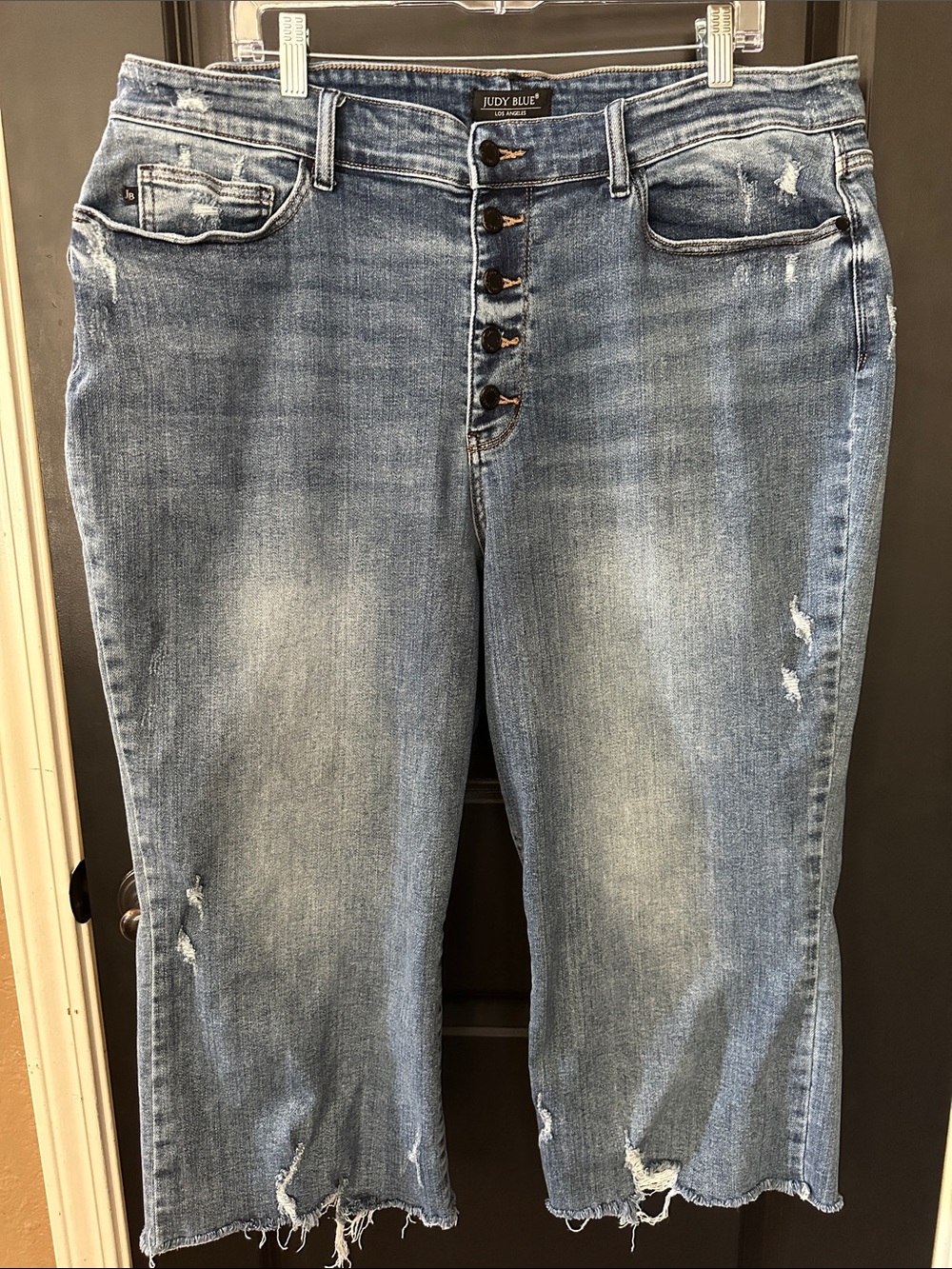 Judy Blue wide leg Light Blue Distressed Crop Jeans with Button-Fly